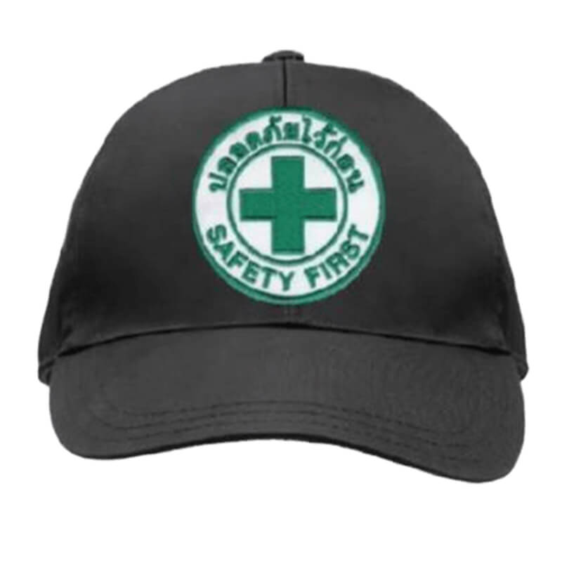 หมวกแก๊ป สกรีน Safety First ปลอดภัยไว้ก่อน สีดำ (ไม่กันกระแทก)