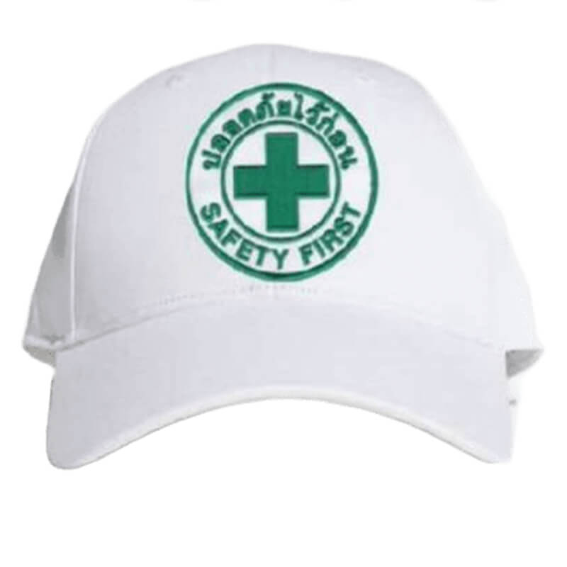 หมวกแก๊ป ปักโลโก้ สกรีน Safety First ปลอดภัยไว้ก่อน สีขาว (ไม่กันกระแทก)